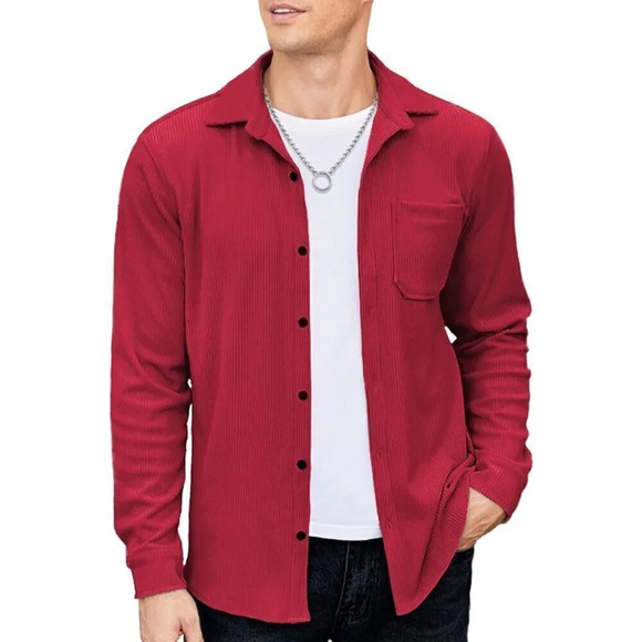 ❤️ Men's Corduroy Shirt Casual Shacket  Long Sleeve Button Down Jacket-Red - Picture 1 of 5
